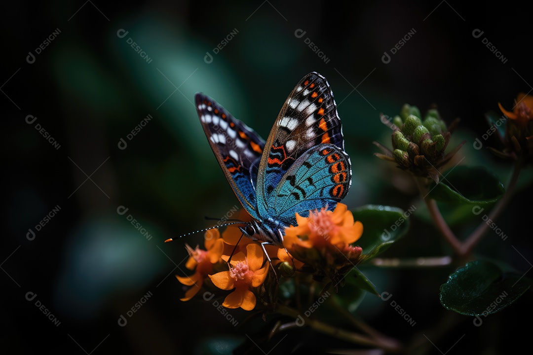 Borboleta vibrante empoleirada em flores coloridas.