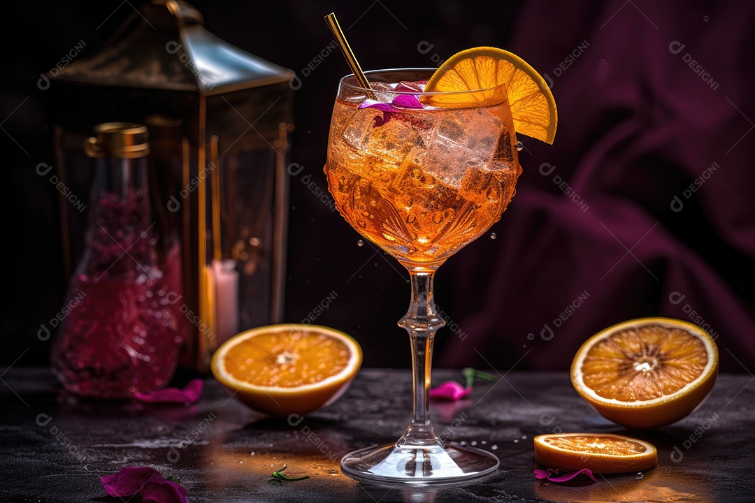 Coquetel vibrante e refrescante em vidro adornado.