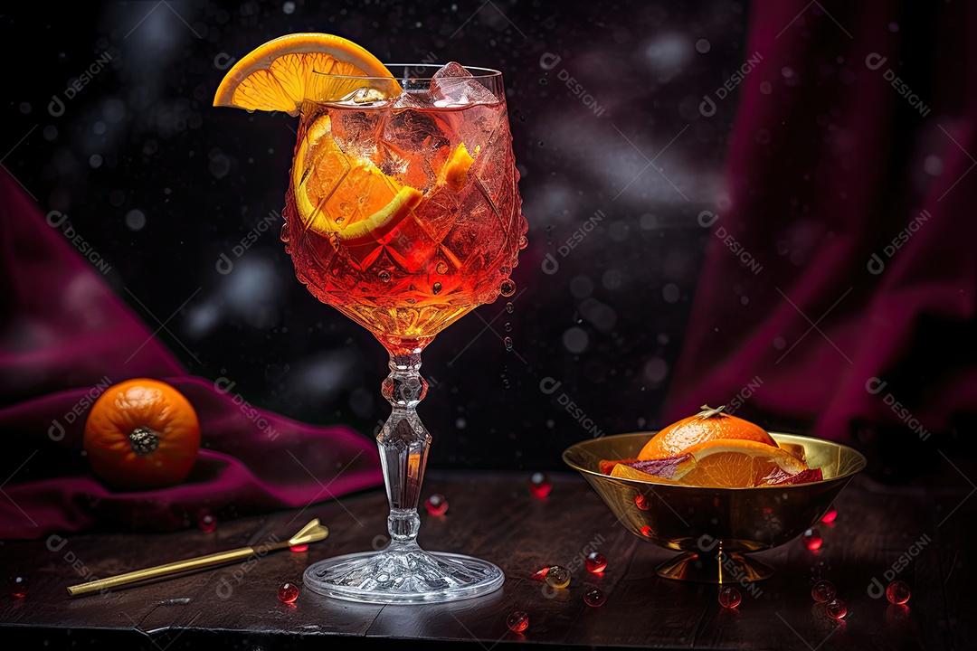 Coquetel vibrante e refrescante em vidro adornado.