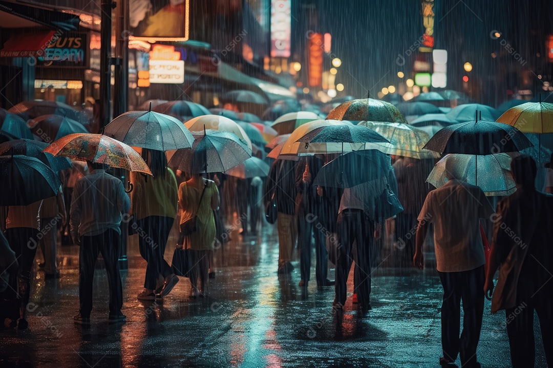 Chuva urbana: cores refletidas, pessoas correndo e ruas encharcadas.