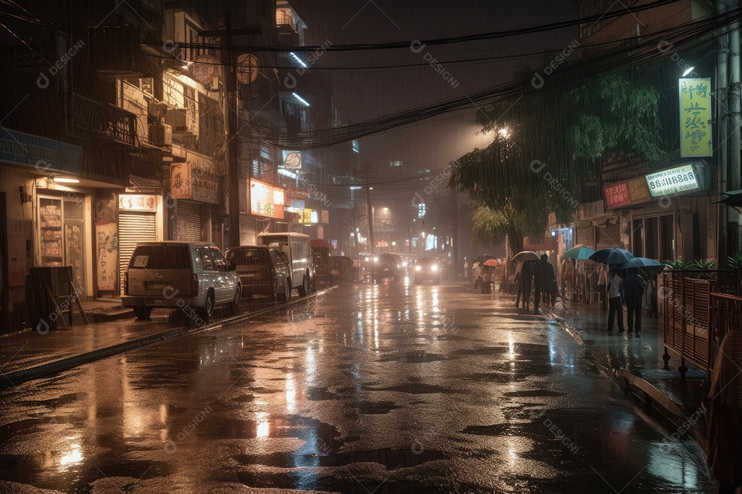 Chuva urbana: cores refletidas, pessoas correndo e ruas encharcadas.