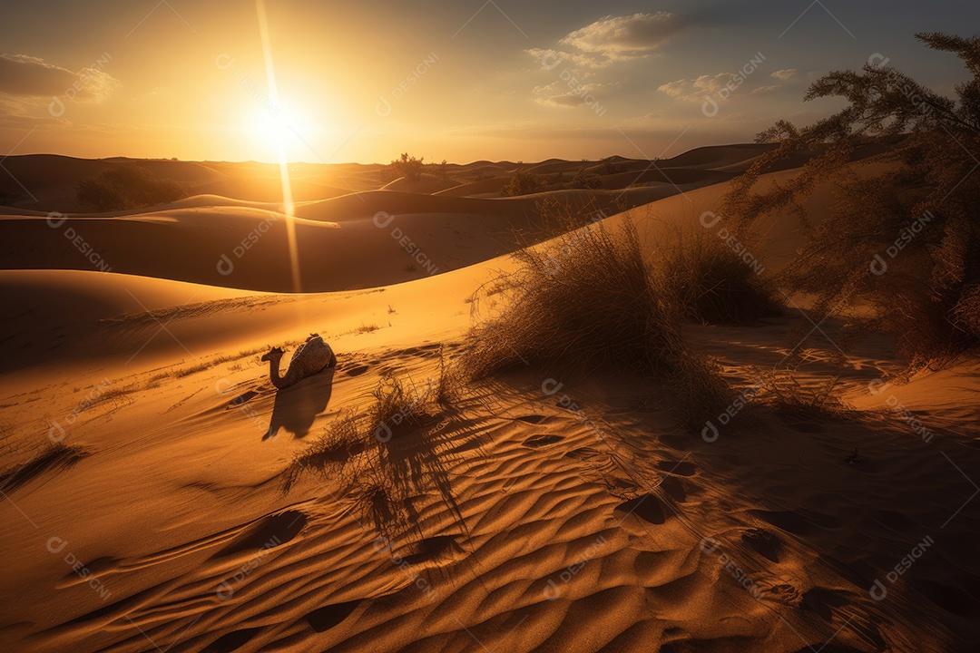 Oásis solitário no deserto, dunas onduladas e miragens misteriosas.