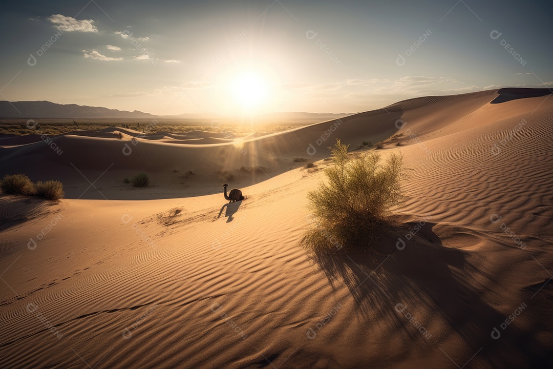 Oásis solitário no deserto, dunas onduladas e miragens misteriosas.