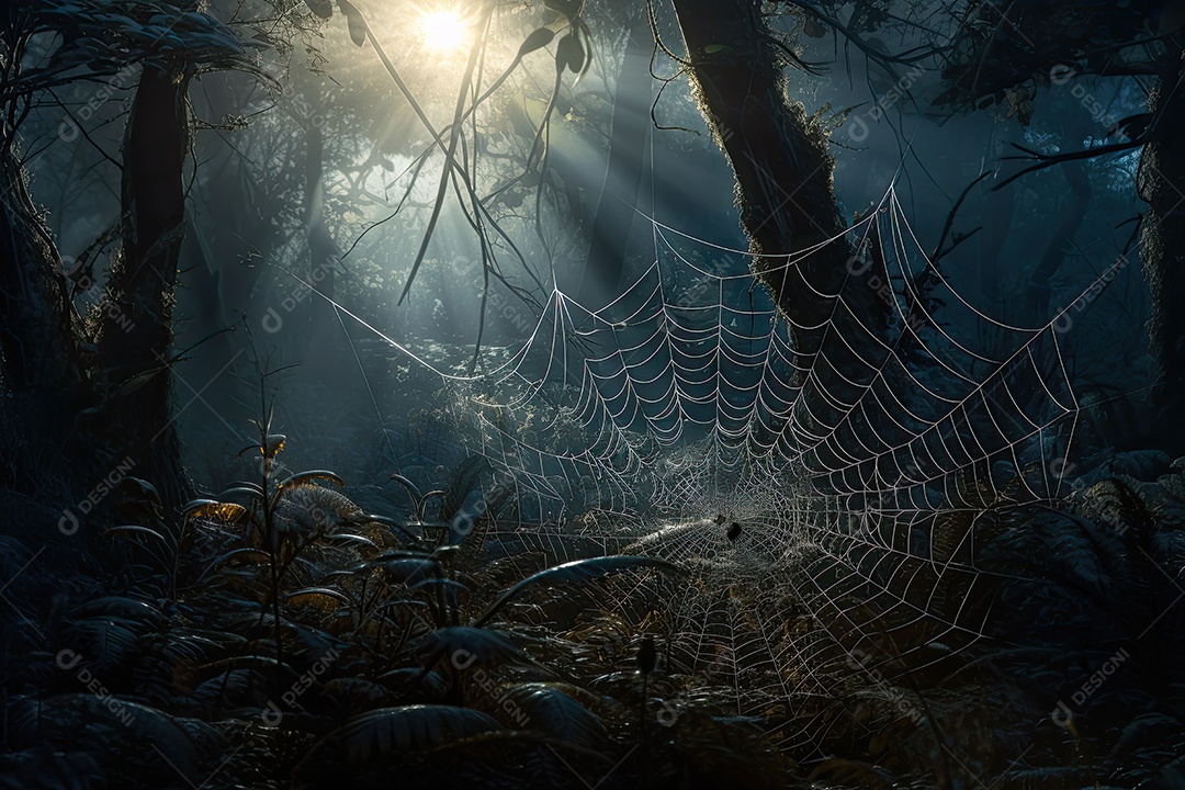 A teia de aracnídeo brilha sob a lua na floresta misteriosa.
