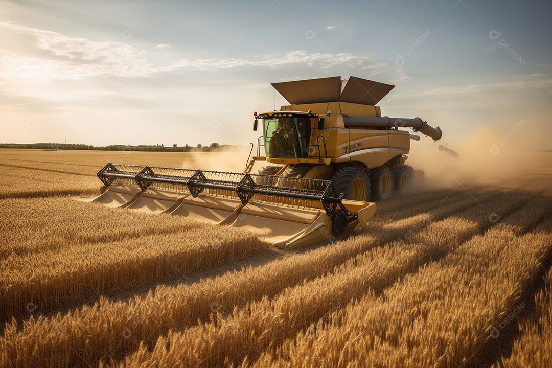 Colheitadeira moderna em meio a campos de trigo dourado.