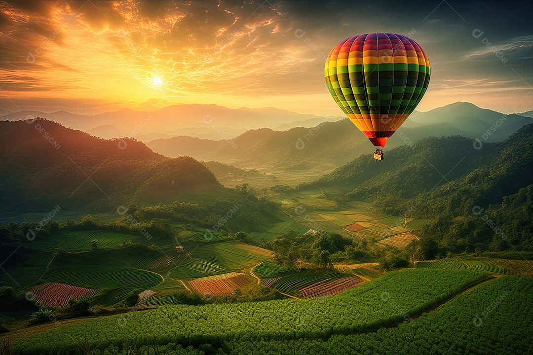 Balão colorido flutuando sobre uma paisagem pitoresca ao pôr do sol.