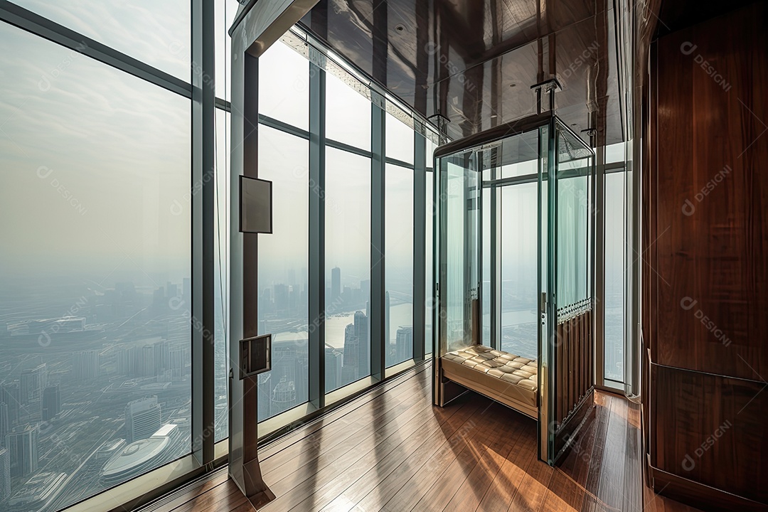 Elevador luxuoso panorâmico em um arranha-céus.