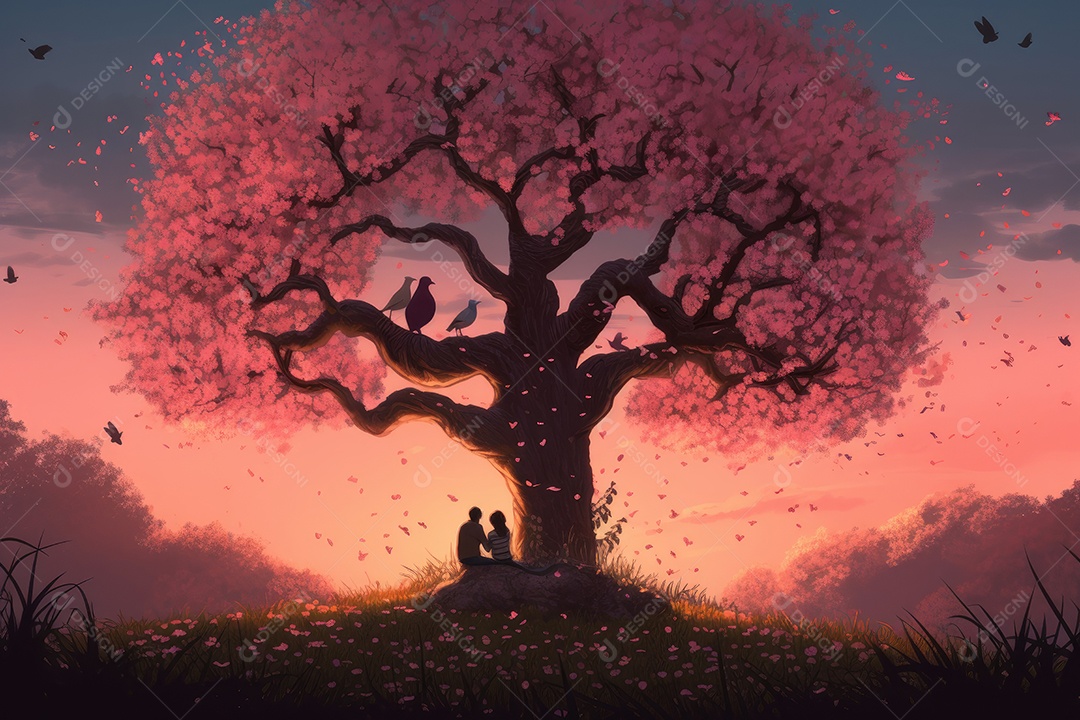 Casal romântico em piquenique ao pôr do sol.