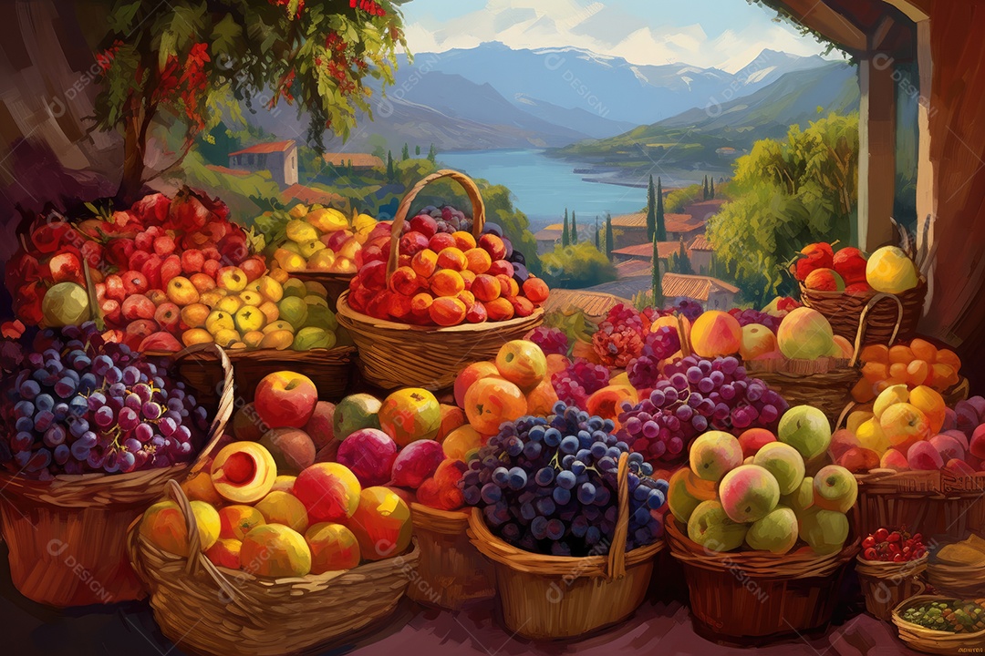 O mercado de frutas exibe cores suculentas: abacaxi, laranja, uva roxa, morango e maçã.