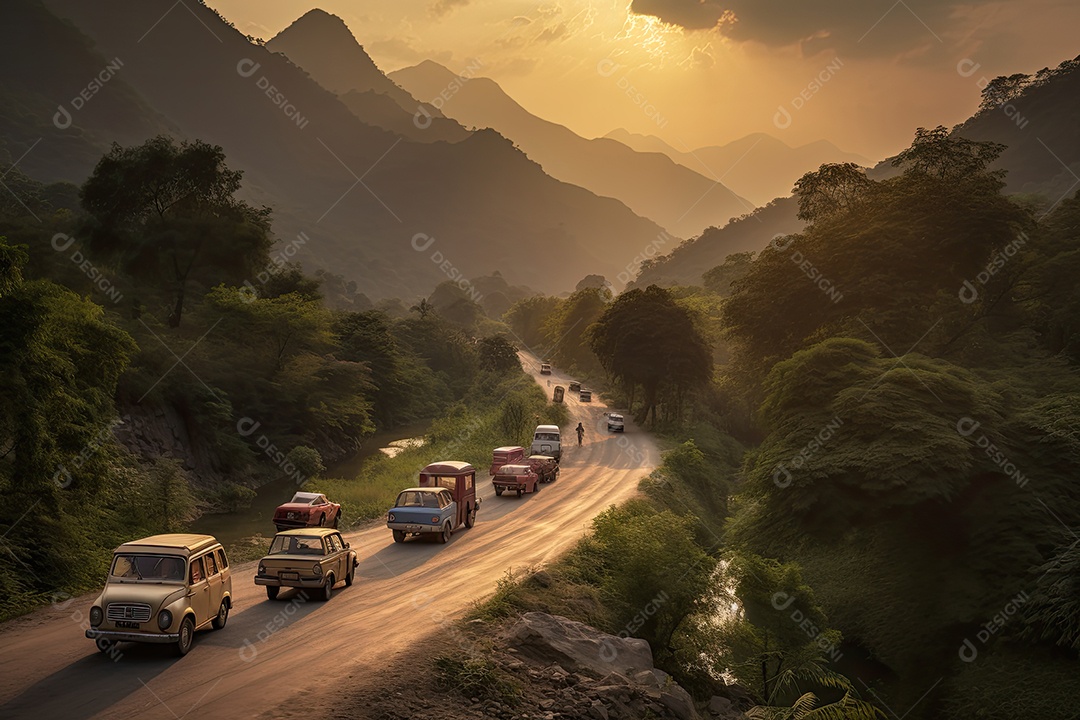 Caravana colorida viaja por estradas sinuosas entre montanhas e florestas ao pôr do sol.