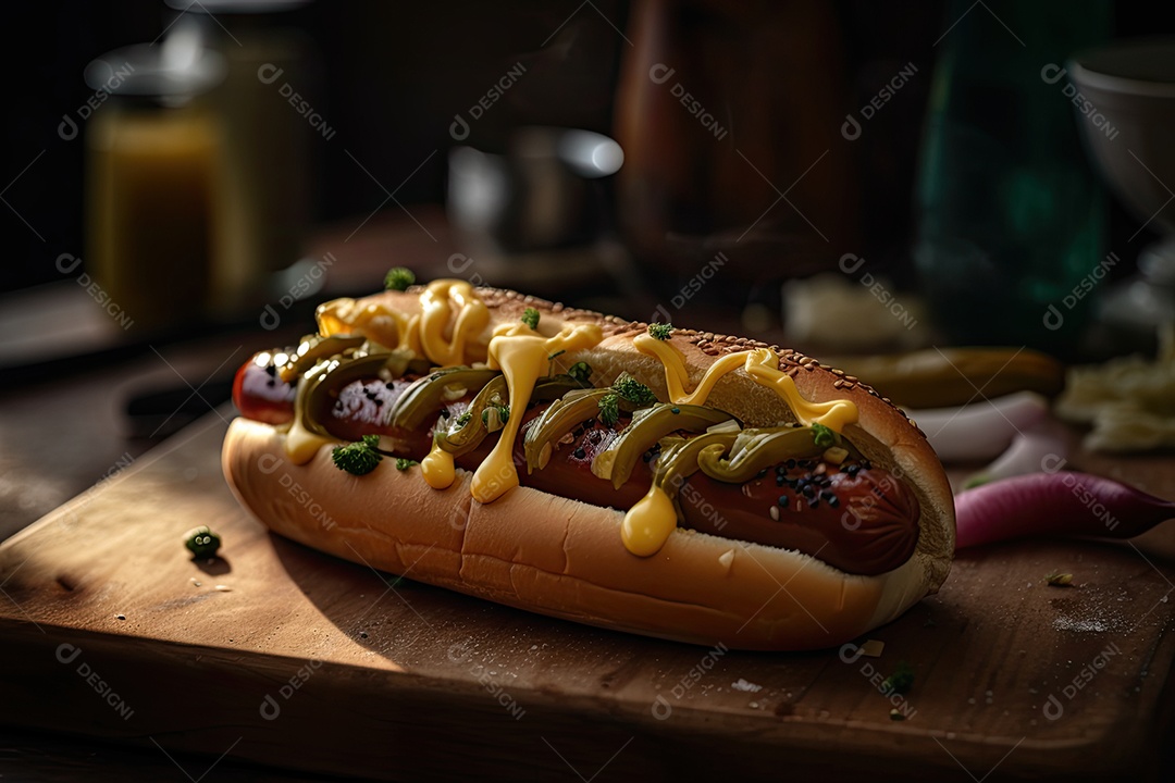 Saboroso cachorro-quente com salsicha suculenta e coberturas coloridas.