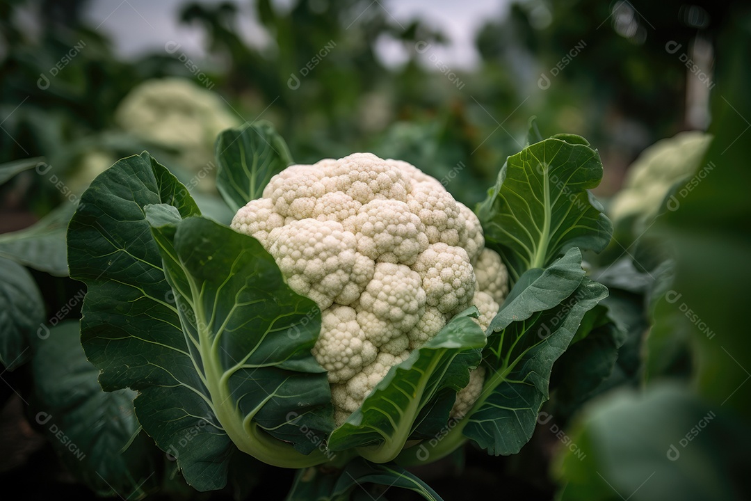 Vista de um couve-flor na horta