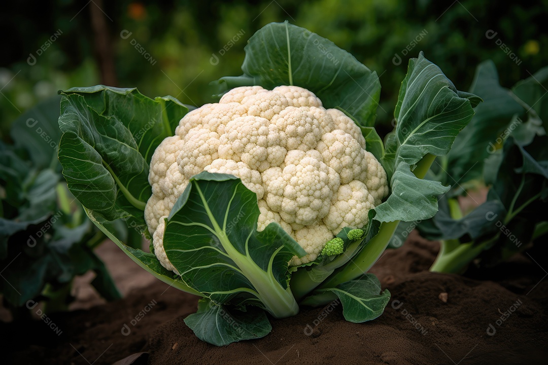 Vista de um couve-flor na horta