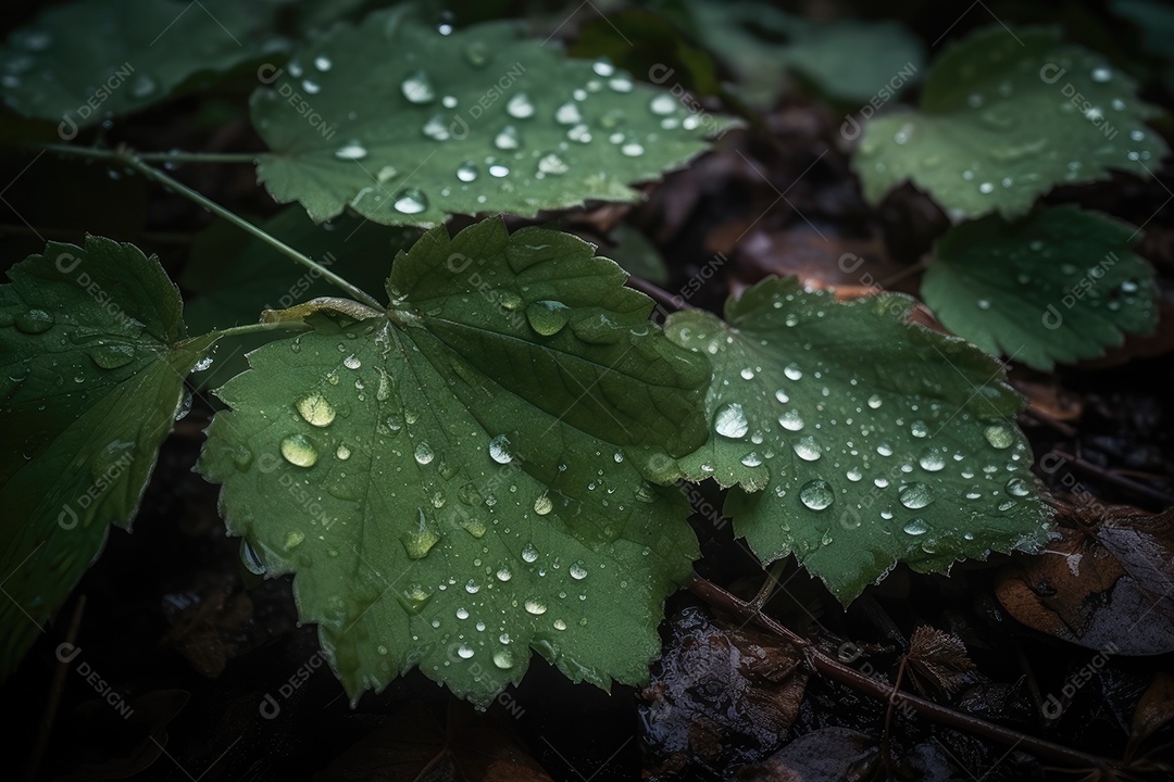 As folhas molhadas brilham depois da chuva.