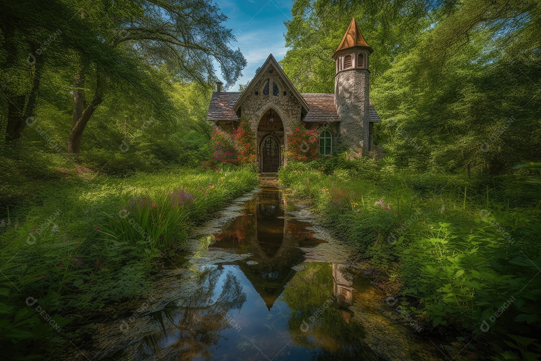 Capela de pedra rodeada de bosque e ribeiro