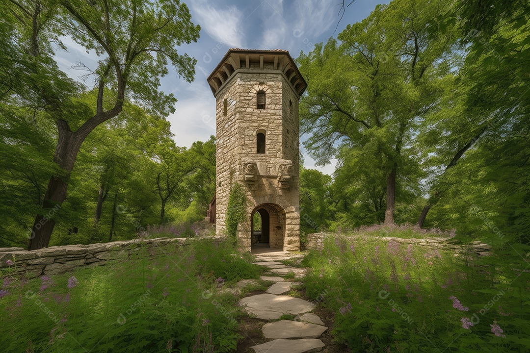 Capela de pedra rodeada de bosque e ribeiro