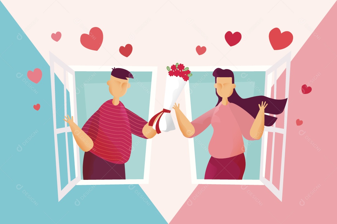 Casal Feliz na Janela no Dia Dos Namorados Ilustração Vetor EPS