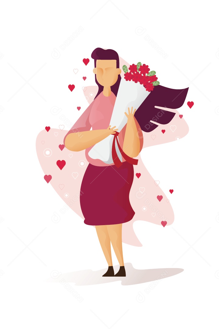 Mulher Feliz com Buquê de Flores no Dia Dos Namorados Ilustração Vetor EPS