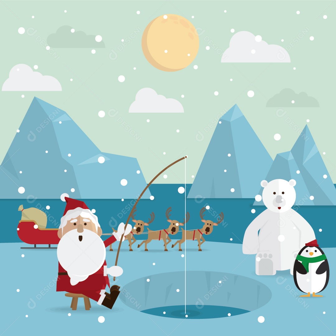 Pesca do Papai Noel Relaxa Ao ar Livre no Vetor de Inverno EPS