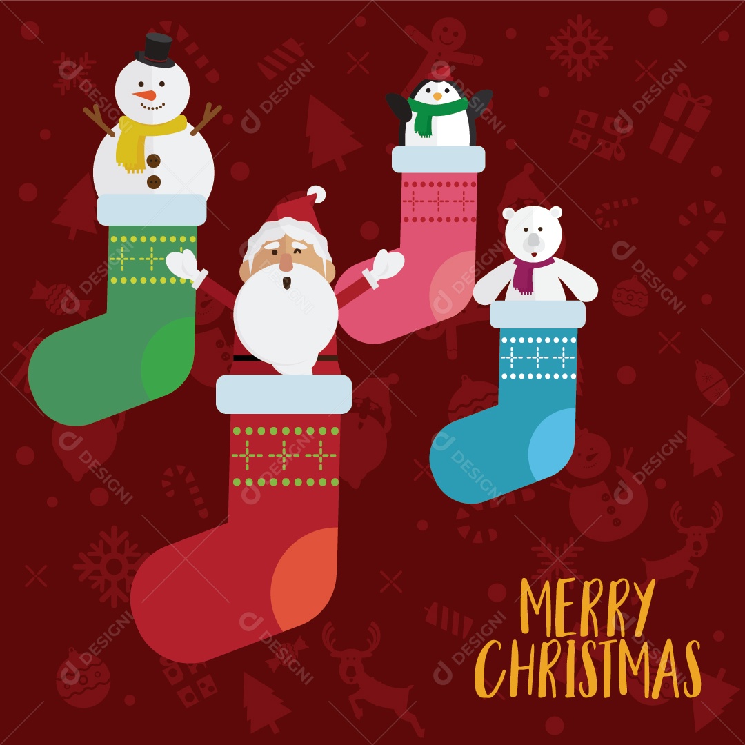 Urso de Papai Noel de Natal e Boneco de Neve Em Meia Vetor EPS