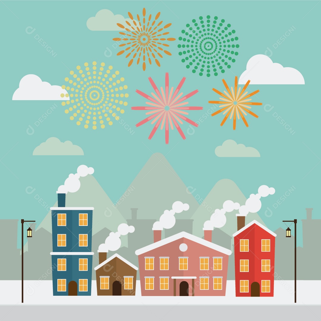 Feliz Ano Novo Fogos de Artifício no Céu na Cidade Vetor EPS