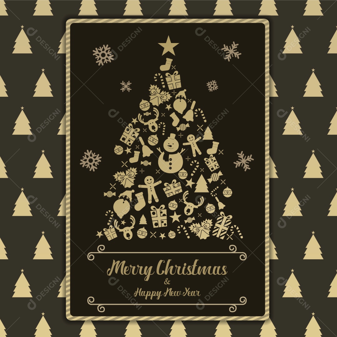 Ícone de Ouro Preto de Cartão de Natal e Feliz Ano Novo Vetor EPS