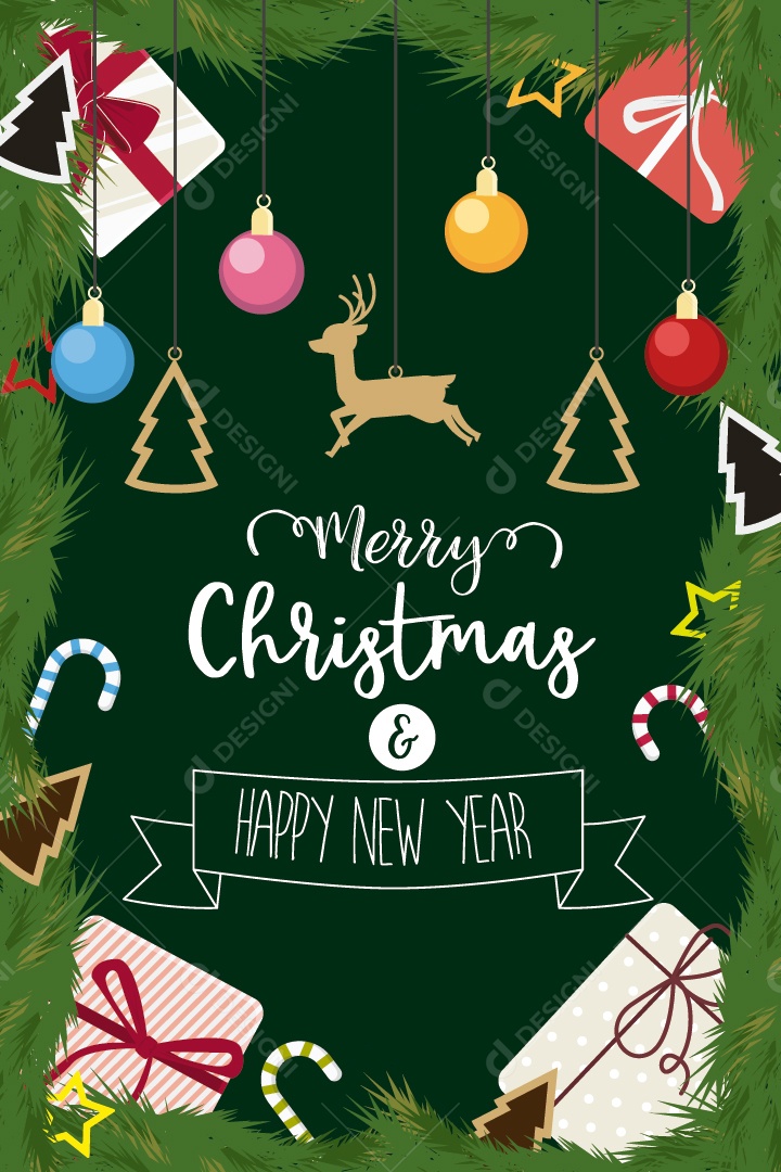 Natal e Feliz Ano Novo Com Presente de Bola Decorada de Pinho Vetor EPS