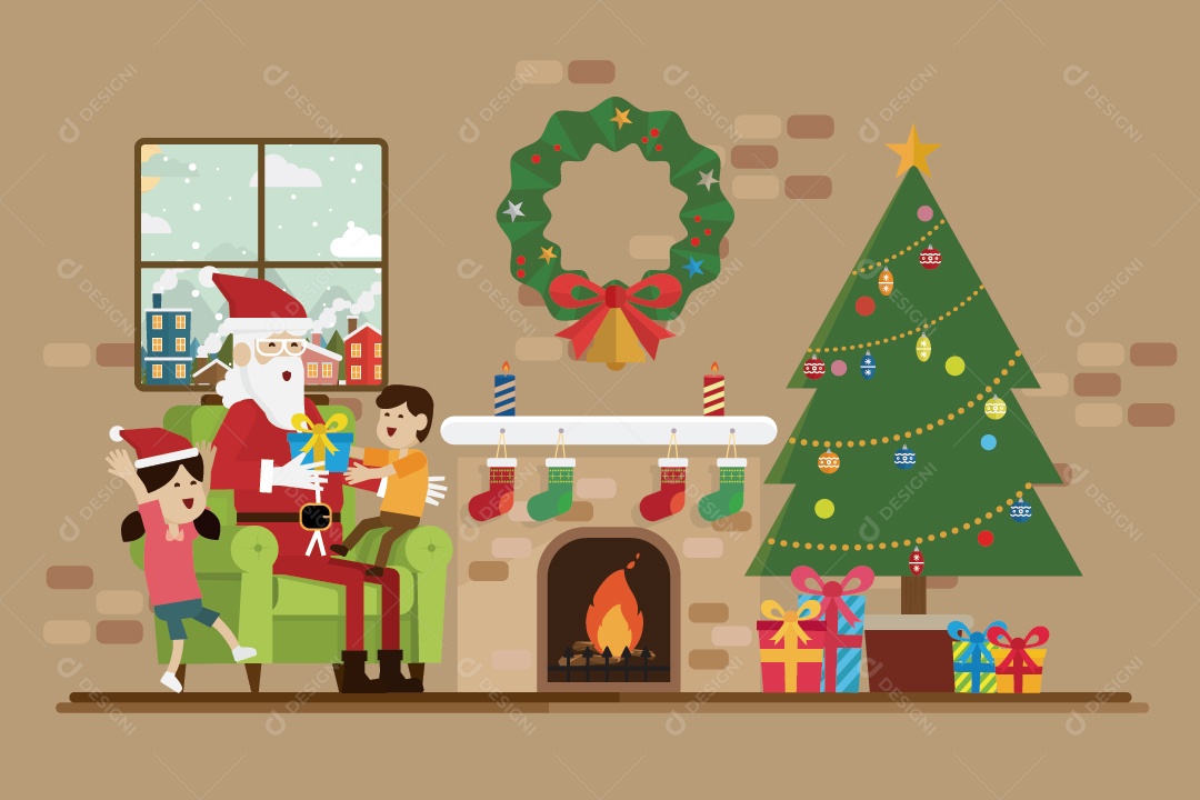Papai Noel Está Sentado Com Uma Criança no Dia de Natal na Lareira Vetor EPS