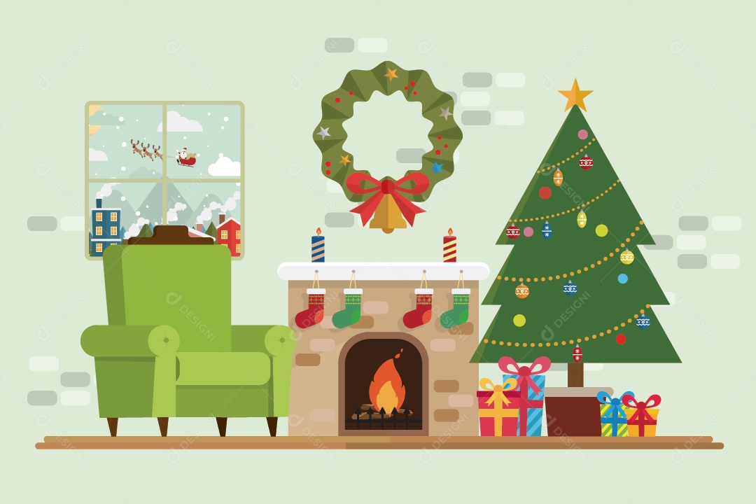 Presente da Árvore de Natal Tem Papai Noel na Janela e Decoração Dentro Vetor EPS