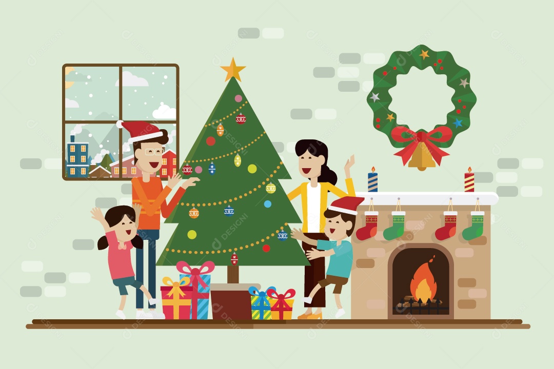 Família no Dia de Natal e Decoração na Sala de Lareira Vetor EPS