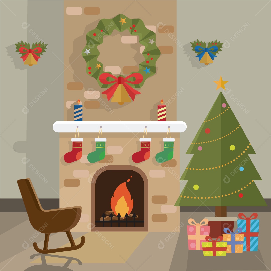 Presente de Árvore de Natal e Decoração na Sala da Lareira Vetor EPS