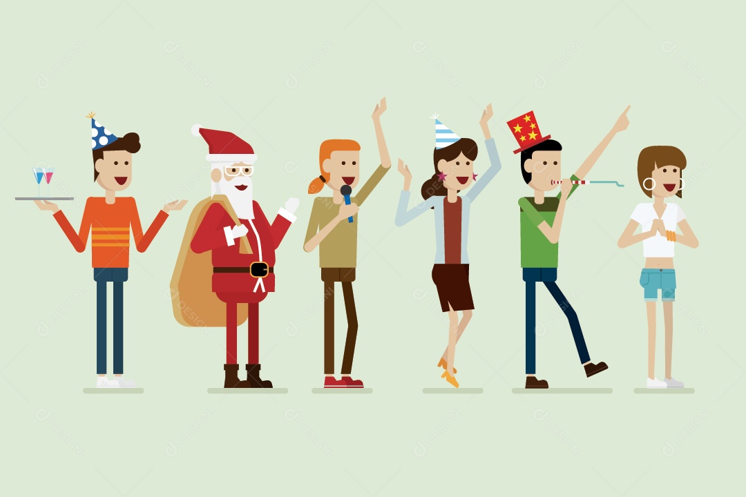 Grupo de pessoas felizes de festa e Papai Noel Vetor EPS