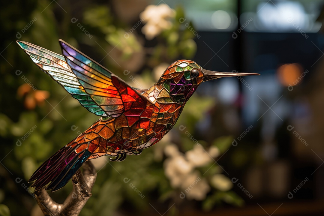 Colibri colorido em meio às flores vibrantes.