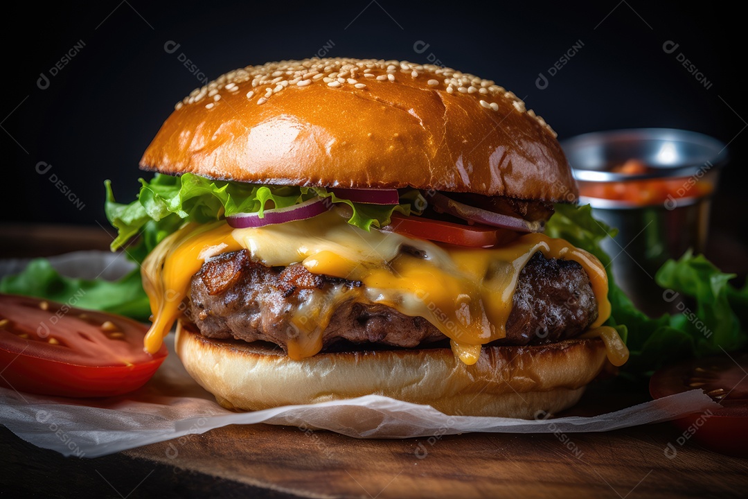 Hambúrguer suculento, queijo derretido, acompanhamentos frescos.
