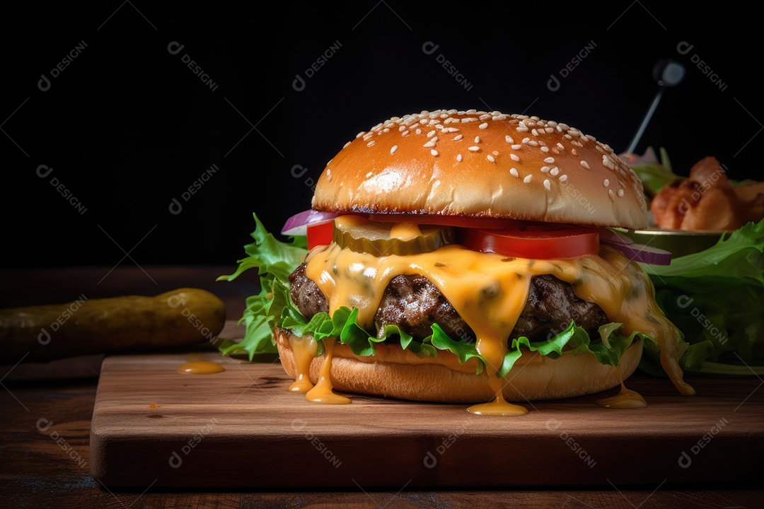 Hambúrguer suculento, queijo derretido, acompanhamentos frescos.