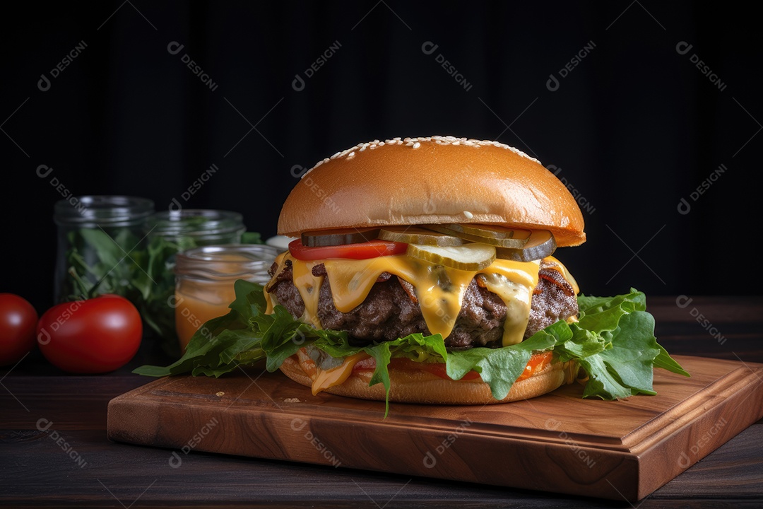 Hambúrguer suculento, queijo derretido, acompanhamentos frescos.