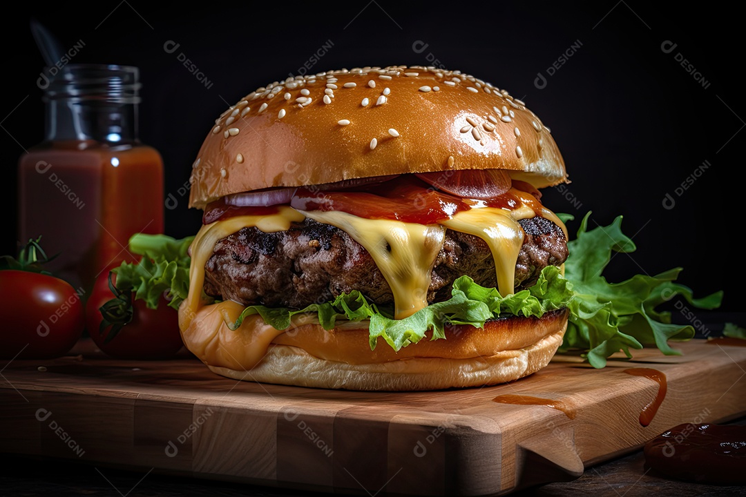 Hambúrguer suculento, queijo derretido, acompanhamentos frescos.