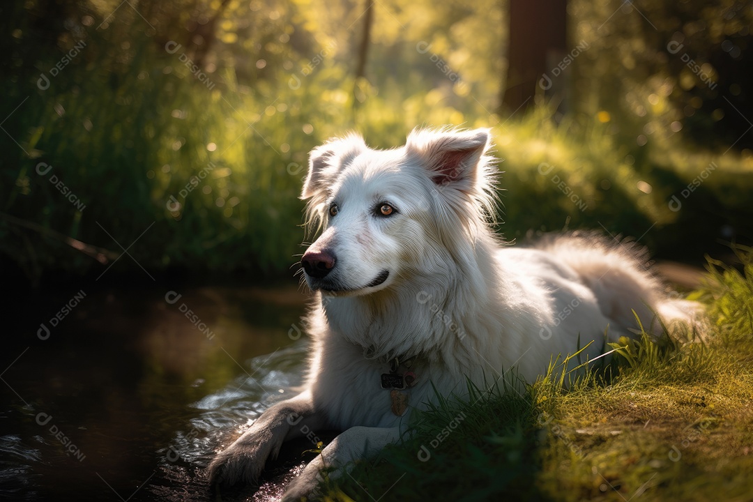 Filhote de cachorro fofo deitado sob o sol, cercado por uma natureza serena.