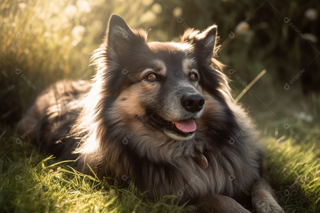 Filhote de cachorro fofo deitado sob o sol, cercado por uma natureza serena.