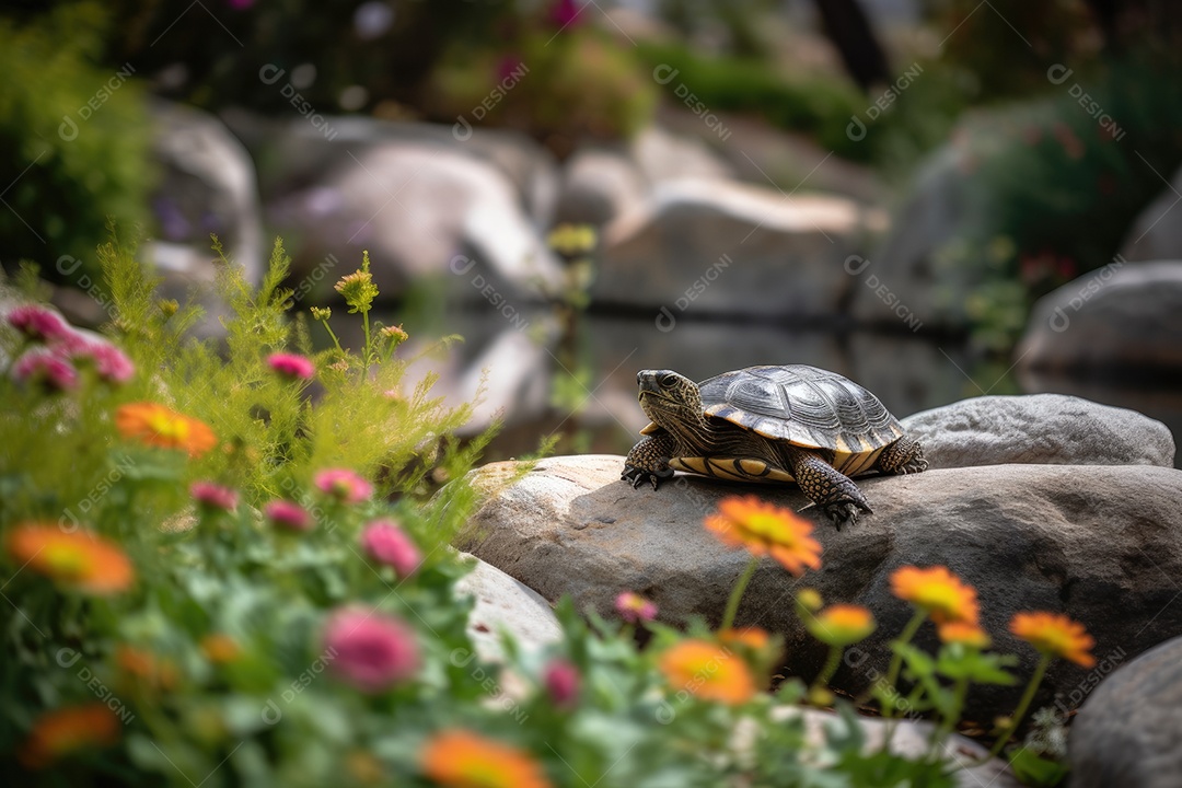 Tartaruga fofa no jardim florido com cachoeira.