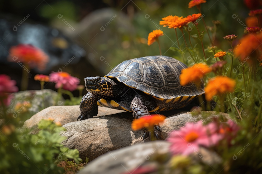 Tartaruga fofa no jardim florido com cachoeira.