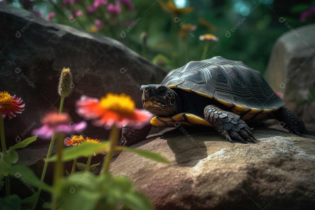 Tartaruga fofa no jardim florido com cachoeira.