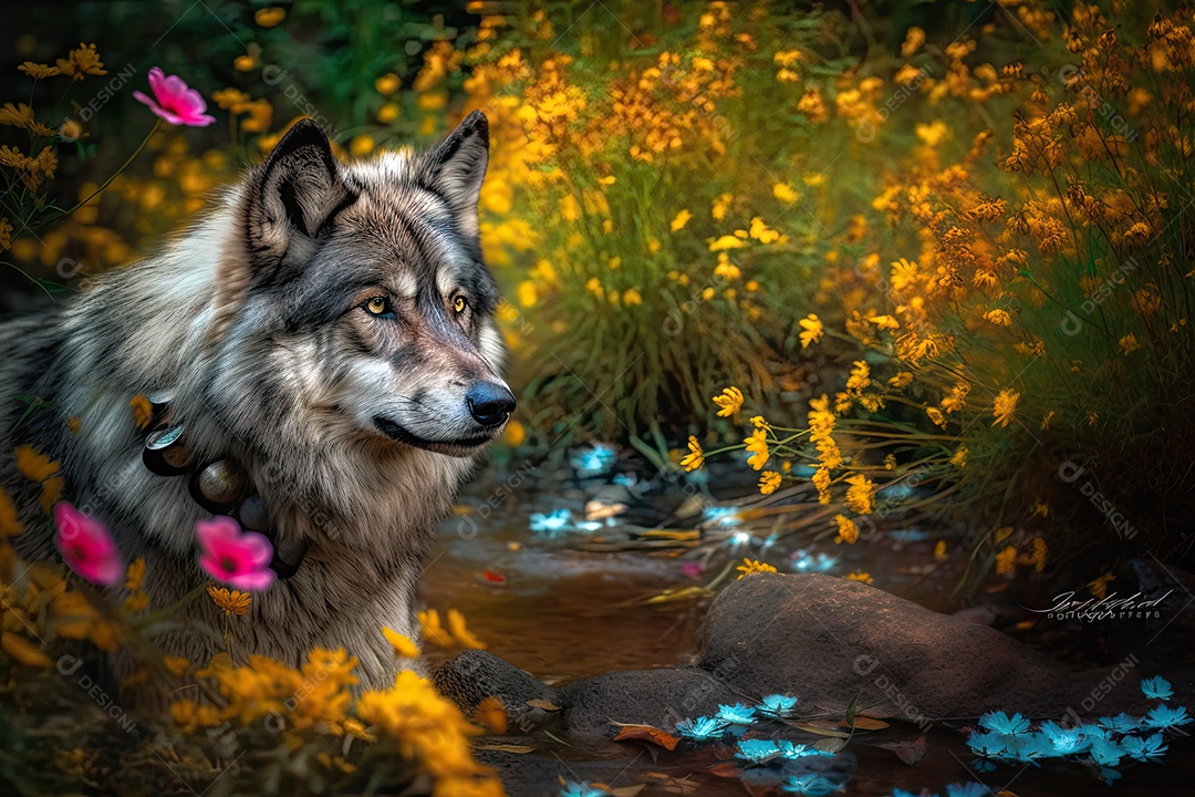 Lobo fofo cercado por flores e borboletas.