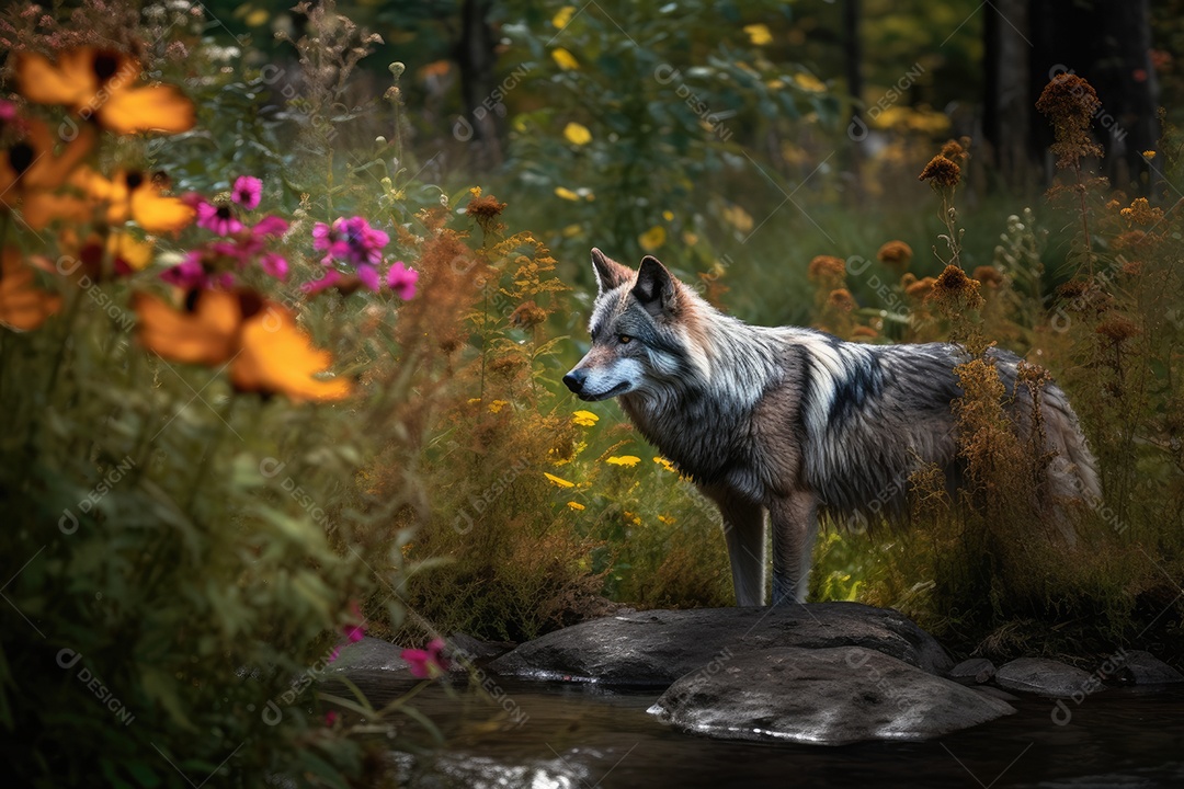 Lobo fofo cercado por flores e borboletas.