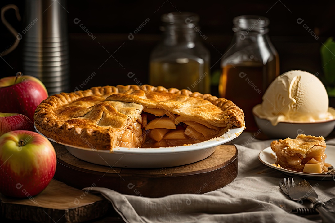 Torta de maçã recém-assada com sorvete.