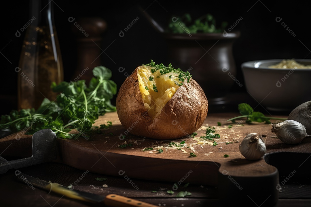 Batata dourada, crocante por fora e macia por dentro. Manteiga derretida ao lado.