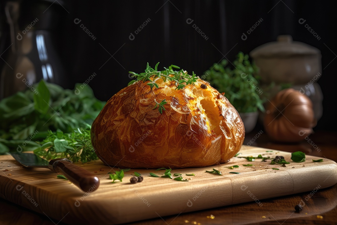 Batata dourada, crocante por fora e macia por dentro. Manteiga derretida ao lado.