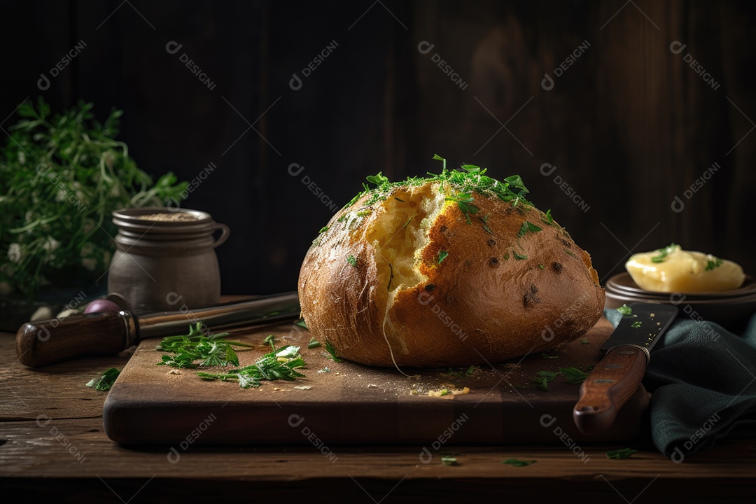 Batata dourada, crocante por fora e macia por dentro. Manteiga derretida ao lado.