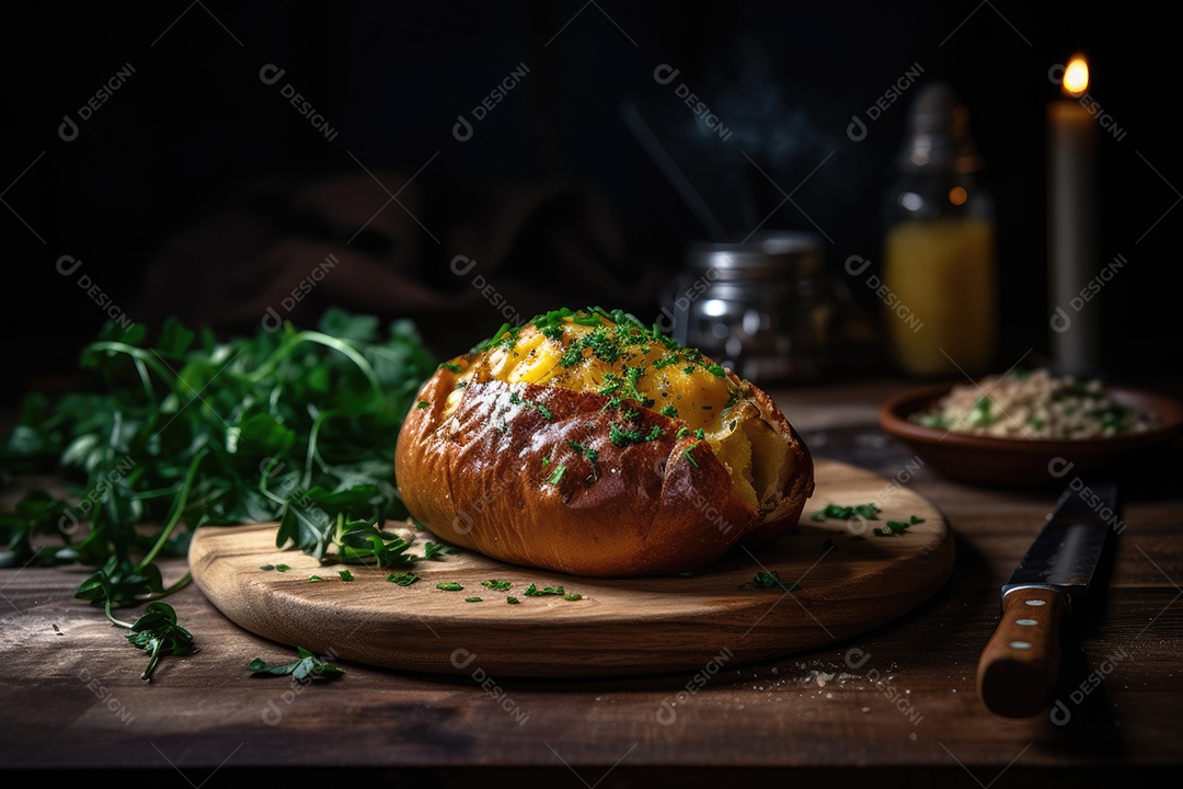 Batata dourada, crocante por fora e macia por dentro. Manteiga derretida ao lado.