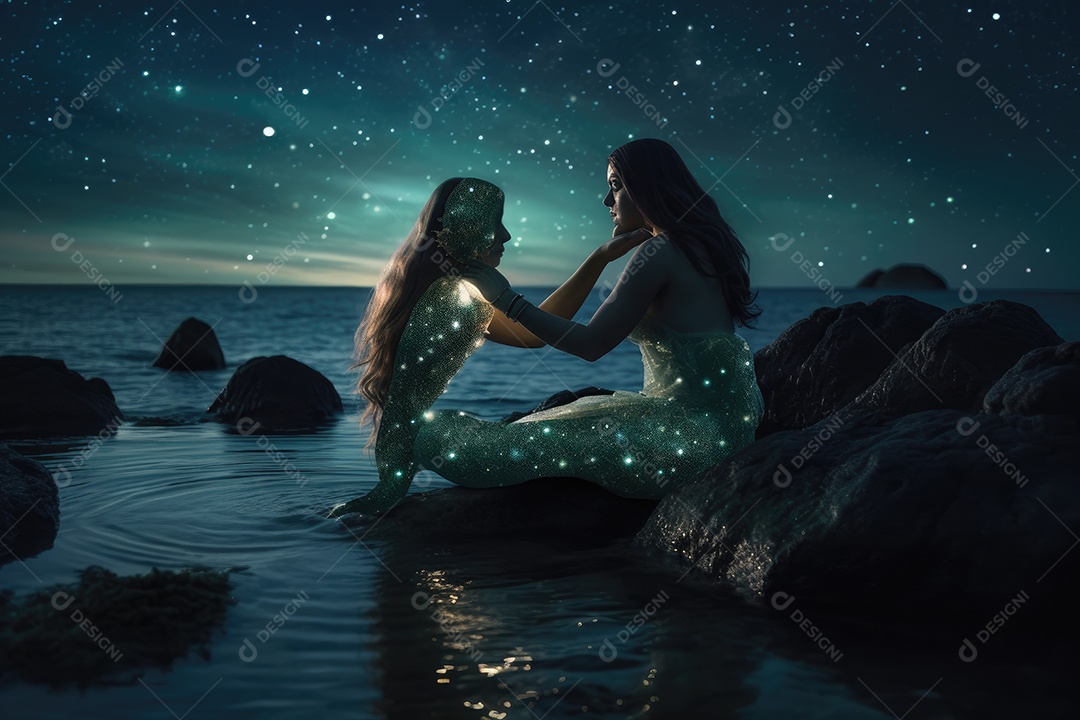 A graciosa sereia dança sob a lua, a cauda iridescente brilha.